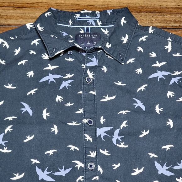 Cactus Man Ricky Singh Full Button Dark Blue Slim Fit Shirt w/ Birds -Size Large - Picture 2 of 6